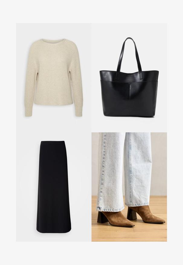 Pulover tricotat de culoare roz deschis, cu guler rotund, mâneci raglan și manșete cu model din jerseu. Textura este moale, cu o croială lejeră și detalii minime.; Fustă neagră, lungă până la podea, dintr-o țesătură netedă, cu o siluetă dreaptă. Are un design simplu, neîmpodobit, fără modele sau embellishments vizibile.; Botine din suede maro, cu vârful ascuțit, toc bloc și o textură netedă, asociate cu blugi largi de culoare bleu deschis.; Geantă oversized din piele neagră, cu două mânere lungi, de textură netedă și formă structurată. Are un buzunar frontal pentru stocare suplimentară.