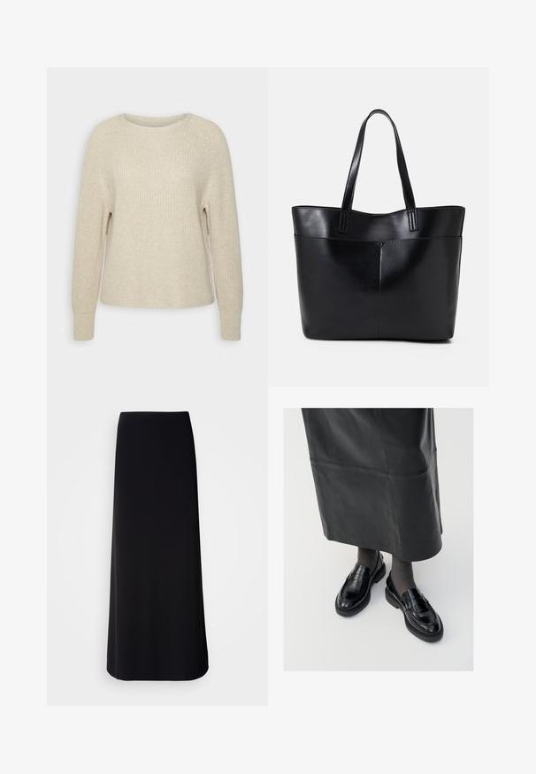 Vaaleanpunainen neulepaita, jossa on pyöreä pääntie, raglan-hihat ja ribbikuvioidut hihat. Tekstuuri on pehmeä, rento istuvuus ja vähäiset yksityiskohdat.; Musta, lattiaan asti ulottuva hame, joka on valmistettu sileästä kankaasta ja siinä on suora siluetti. Ominaisuuksiin kuuluu yksinkertainen, koristelematon muotoilu ilman näkyviä kuvioita tai koristeluja.; Musta nahka loaferit sileällä pinnalla, jossa on koristeellinen hihna, pyöreä kärki ja teksturoitu pohja. Yhdistetty pitkän mustan nahkahameen kanssa.; Musta nahkainen kassi, jossa on kaksi pitkää kahvaa, sileä pinta ja jämäkkä muoto. Sisältää etutaskun lisävarastointia varten.; Kultaiset renkaat, joissa on teksturoitu, epäsäännöllinen muoto. Varustettu saumattomalla suljinnalla ja kiillotetulla pinnalla, mikä korostaa modernia muotoilua.