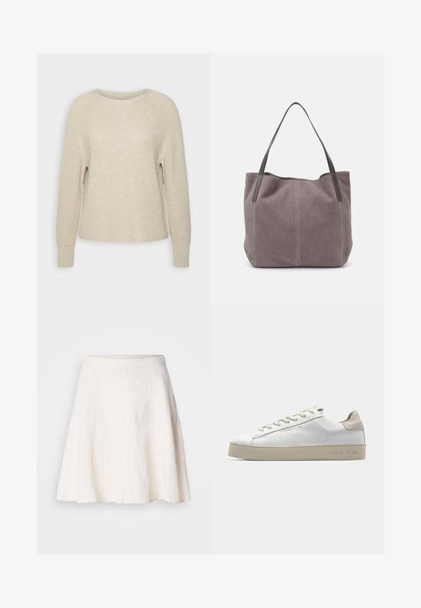 Maglione a maglia di un delicato rosa con scollatura rotonda, maniche raglan e polsini a costine. La texture è morbida, con una vestibilità rilassata e dettagli minimi.; Gonna bianca di lino con un design fluido a forma di A. Presenta una vita liscia e una trama leggera con pieghe sottili.; Sneaker bianca in pelle con finitura liscia, dettagli in suede beige, punta rotonda, design con stringhe piatte e suola in gomma testurizzata.; Borsa a tracolla in suede grigio con due manici in pelle scura. Presenta dettagli cuciti sui lati, una texture morbida e un'apertura spaziosa.; Quattro anelli in argento con disegni diversi: banda attorcigliata, curve sovrapposte, cristalli delicati e una banda liscia con piccoli dettagli.