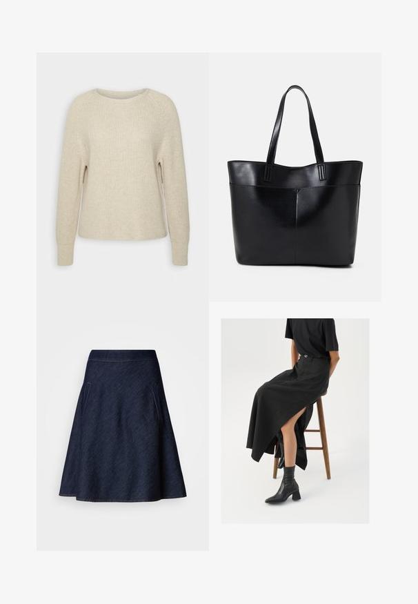 Svetlo roza pleteni pulover z okroglim izrezom, raglan rokavi in rebrasti manšeti. Tekstura je mehka z ohlapnim krojem in minimalnimi detajli.; Temno modra A-linija krila z višjo pasom, dvema stranskima žepoma in kontrastnim šivanjem ob robovih. Gladka tekstura.; Črna lanena maxi krilo z visokim razporkom, oblečeno s črno majico in črnimi gležnjarji. Minimalističen dizajn z udobnim krojem.; Črna usnjena torba z dvema dolgima ročajema, gladko teksturo in strukturirano obliko. Ima sprednji žep za dodatno shranjevanje.; Srebrni obroči za ušesa z gladko, polirano površino. Okrogla oblika in varna zaponka s klikom. Lahka zasnova, primerna za vsakodnevno nošenje.