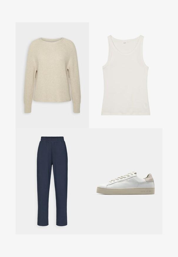 Light pink knit sweater with a round neckline, raglan sleeves, and ribbed cuffs. The texture is soft with a relaxed fit and minimal detailing.; White cotton tank top with a wide neckline and thin shoulder straps. Smooth texture with no visible patterns or embellishments.; Navy blue, lightweight jogger pants with an elastic waistband and tapered legs. Made of soft fabric with no visible logos or patterns.; White leather sneaker with a smooth finish, beige suede accents, round toe, flat lace-up design, and a textured rubber sole.