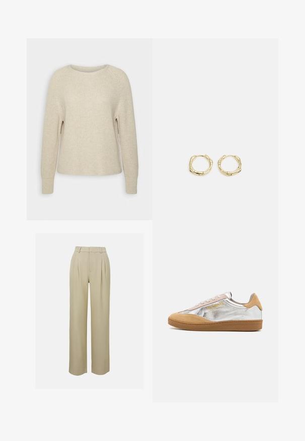 Light pink knit sweater with a round neckline, raglan sleeves, and ribbed cuffs. The texture is soft with a relaxed fit and minimal detailing.; Beige wide-leg trousers made of smooth fabric, featuring front pleats, a tailored waistband, and side pockets. Clean hem finish.; Silver and tan suede sneaker with a textured rubber sole, beige laces, and a logo printed in yellow on the side.; Gold hoop earrings with a textured, irregular shape. Features a seamless closure and a polished surface finish, emphasizing a modern design.