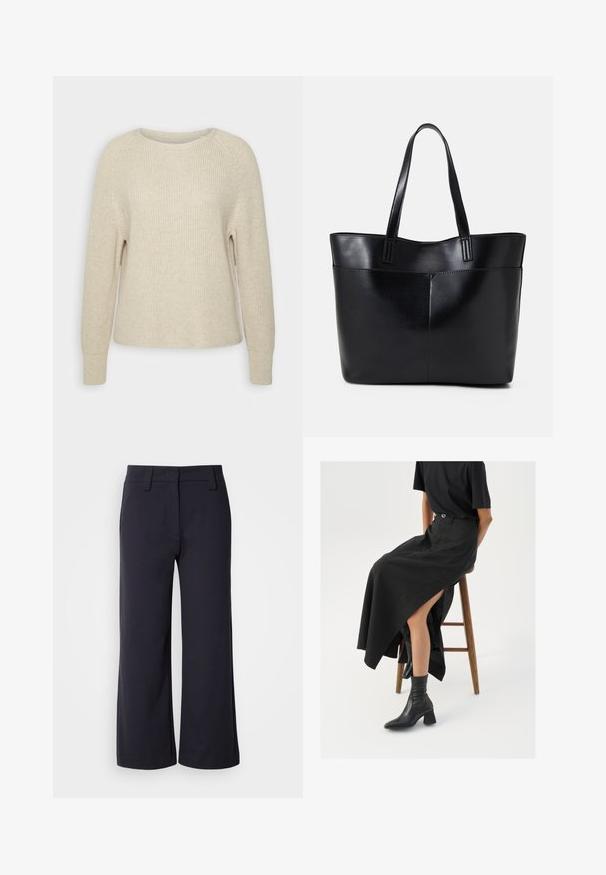 Light pink knit sweater with a round neckline, raglan sleeves, and ribbed cuffs. The texture is soft with a relaxed fit and minimal detailing.; Wide-leg trousers in dark navy fabric. Features a flat front, belt loops, and side pockets. The material is smooth with a slight stretch.; Black linen maxi skirt with a high slit, worn with a black t-shirt and black ankle boots. Minimalistic design with a relaxed fit.; Black leather tote bag with two long handles, a smooth texture, and a structured shape. Features a front pocket for additional storage.