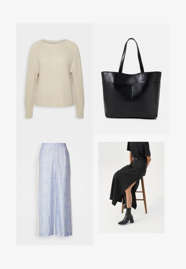 Light pink knit sweater with a round neckline, raglan sleeves, and ribbed cuffs. The texture is soft with a relaxed fit and minimal detailing.; Light blue wide-leg pants featuring a textured floral pattern in white. Made from soft fabric with a smooth finish and a high waist design.; Black linen maxi skirt with a high slit, worn with a black t-shirt and black ankle boots. Minimalistic design with a relaxed fit.; Black leather tote bag with two long handles, a smooth texture, and a structured shape. Features a front pocket for additional storage.