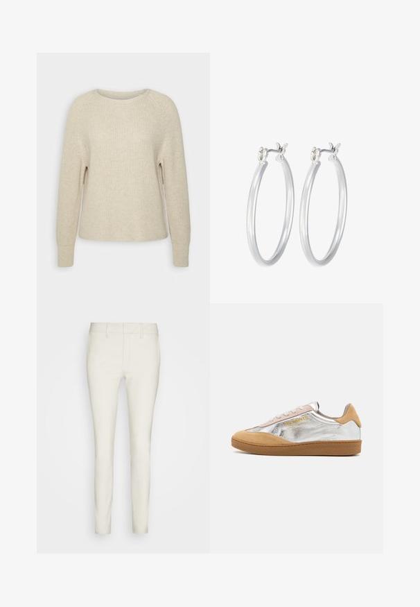 Hele roosa kootud sviiter, millel on ümar kaelus, raglanvarrukad ja soonikkoes varrukalõpud. Tekstuur on pehme, mugava lõikega ja minimaalsete detailidega.; Heled värvi, kitsad püksid siledast kangast, plaadi ees, tavaliste taskute ja vöökohaga. Ühtne ja voolujooneline disain.; Hõbedane ja beež nubukist toss, millel on tekstuuriga kummitald, beežid paelad ja külje peal kollane logo.; Hõbedased rõngaskõrvarõngad, millel on sile, läikiv viimistlus. Ümmargune kuju ja turvaline klõpsulatus. Kerge disain, sobib igapäevaseks kandmiseks.