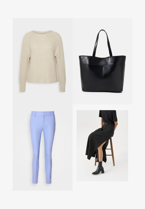 Pulover tricotat de culoare roz deschis, cu guler rotund, mâneci raglan și manșete cu model din jerseu. Textura este moale, cu o croială lejeră și detalii minime.; Pantaloni ajustați de culoare albastru deschis, cu un croi slim. Realizați dintr-un material neted, cu un front plat, bucle pentru curea și detalii minime.; Fustă maxi din in negru cu o fanta înaltă, purtată cu un tricou negru și cizmulițe negre până la gleznă. Design minimalistic cu o croială lejeră.; Geantă oversized din piele neagră, cu două mânere lungi, de textură netedă și formă structurată. Are un buzunar frontal pentru stocare suplimentară.