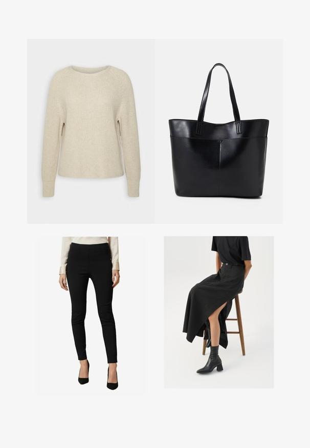 Šviesiai rožinė megzta palaidinė su apvaliu iškirpimu, raglaninėmis rankovėmis ir raukšlėtomis rankogaliais. Audinys minkštas, su laisvu kirpimu ir minimaliais dekoratyviniais elementais.; Friends Like These SCULPTING STRETCH - Kelnės - black; Juoda lininė maksi sijonas su aukštu plyšiu, vilkimas su juodu marškinėliu ir juodais aulinukais. Minimalistinis dizainas su laisvu siluetu.; Juoda odinė rankinė su dviem ilgais diržais, lygiu paviršiumi ir struktūrizuota forma. Yra priekinė kišenė papildomam saugojimui.