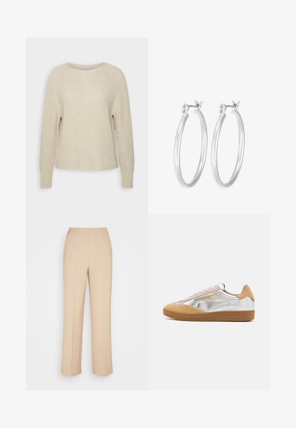 Svijetloružasti pleteni pulover s okruglim izrezom, raglan rukavima i rebrastim manžetama. Tekstura je mekana, s opuštenim krojem i minimalnim detaljima.; Bež hlače širokih nogavica izrađene od teksturirane tkanine. Imaju glatki pojas i suptilne detalje nabora duž prednje strane.; Srebrno-tanružasti nubuk tenisice s teksturiranom gumenom potplatom, bež vezicama i logotipom otisnutim u žutoj boji sa strane.; Srebrne kružne naušnice s glatkom, poliranom površinom. Okrugli oblik i sigurno kopčanje na klik. Lagani dizajn pogodan za svakodnevno nošenje.
