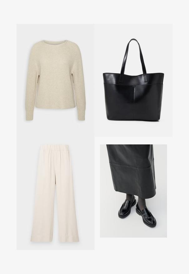 Gaiši rozā adīts džemperis ar apaļu dekoltēju, raglāna piedurknēm un ribotām aprocēm. Tekstūra ir mīksta ar brīvu piegriezumu un minimālu apdari.; Platām kājām bikses gaiši bēšā krāsā, izgatavotas no mīksta auduma ar elastīgu jostasvietu un bez redzamām aizdares sistēmām vai kabatām.; Melni ādas loafers ar gludu apdari, ar dekoratīvu jostu, apaļu pirkstu un teksturētu zoli. Valkāti ar garu melnu ādas svārku.; Melnas ādas iepirkumu soma ar divām garām rokturām, gludu tekstūru un strukturētu formu. Iekļauj priekšējo kabatu papildu uzglabāšanai.