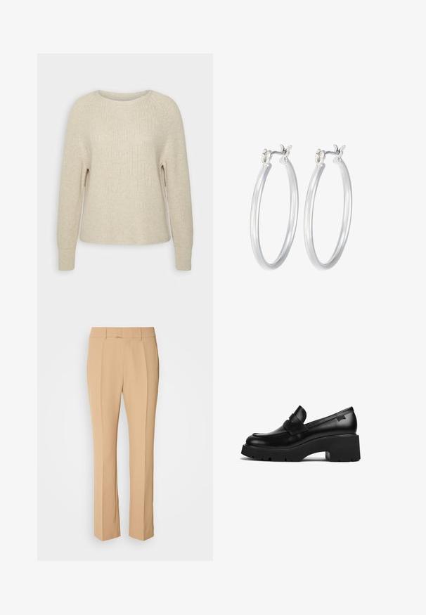 Lichtroze gebreide trui met een ronde halslijn, raglanmouwen en ribgebreide manchetten. De stof is zacht met een ontspannen pasvorm en minimale details.; Beige op maat gemaakte broek met rechtlopen, voorzien van twee plooien aan de voorkant, een platte voorkant en een gladde, lichte stof.; Zwarte leren loafers met chunky hak en dikke zool, met een banddetail over de bovenkant, zijaanzicht op een witte achtergrond.; Zilveren oorbellen in de vorm van een gladde, gepolijste ring. Ronde vorm met een veilige kliksluiting. Lichtgewicht ontwerp, geschikt voor dagelijks gebruik.