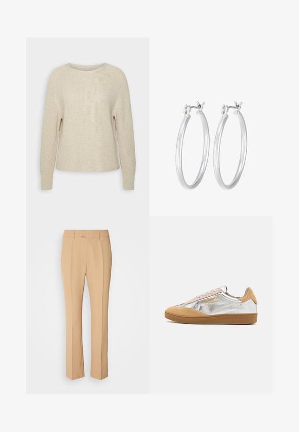 Svijetloružasti pleteni pulover s okruglim izrezom, raglan rukavima i rebrastim manžetama. Tekstura je mekana, s opuštenim krojem i minimalnim detaljima.; Bež brusne hlače ravnog kroja, s dva prednja nabora, ravnom prednjom površinom i glatkim, laganim materijalom.; Srebrno-tanružasti nubuk tenisice s teksturiranom gumenom potplatom, bež vezicama i logotipom otisnutim u žutoj boji sa strane.; Srebrne kružne naušnice s glatkom, poliranom površinom. Okrugli oblik i sigurno kopčanje na klik. Lagani dizajn pogodan za svakodnevno nošenje.