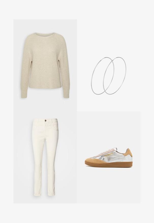 Hellrosa Strickpullover mit rundem Ausschnitt, Raglanärmeln und gerippten Bündchen. Die Textur ist weich, der Schnitt locker und die Details sind minimal.; Weiße, schmal geschnittene Jeans aus Baumwollmischgewebe. Verfügt über fünf Taschen, einen Knopfverschluss und eine glatte, leicht glänzende Textur.; Silberne und beige Wildleder-Sneaker mit einer strukturierten Gummisohle, beigen Schnürsenkeln und einem in Gelb auf der Seite aufgedruckten Logo.; Silberne Creolen mit minimalistischem Design. Rundform, glatte Oberfläche und dünnes Profil. Leichtgewichtig mit hochglänzender Oberfläche.