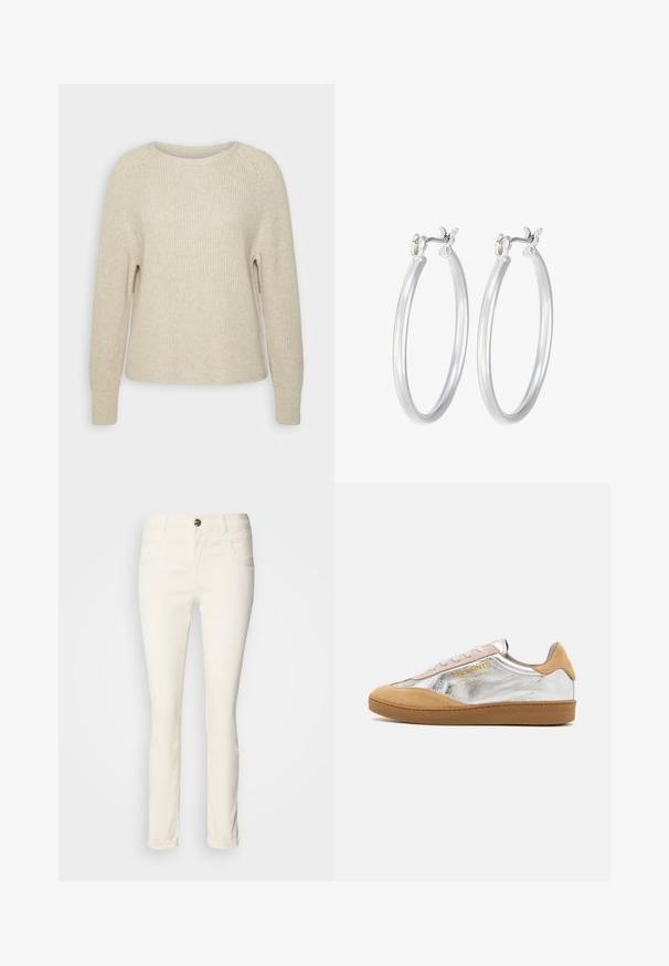 Gaiši rozā adīts džemperis ar apaļu dekoltēju, raglāna piedurknēm un ribotām aprocēm. Tekstūra ir mīksta ar brīvu piegriezumu un minimālu apdari.; Baltas, šauras piegriezums džinsi, izgatavoti no kokvilnas maisījuma auduma. Iekļauj piecas kabatas, pogu aizdari un gludu, nedaudz spīdīgu tekstūru.; Sudraba un brūns zamšs tenisbikses ar teksturētu gumijas zoli, bēšiem šņorēm un dzeltenā krāsā izdrukātu logotipu sānos.; Sudraba riņķveida auss gredzeni ar gludu, pulētu apdari. Apaļa forma un drošs klikšķa augšējais slēgums. Viegls dizains, kas piemērots ikdienas valkāšanai.