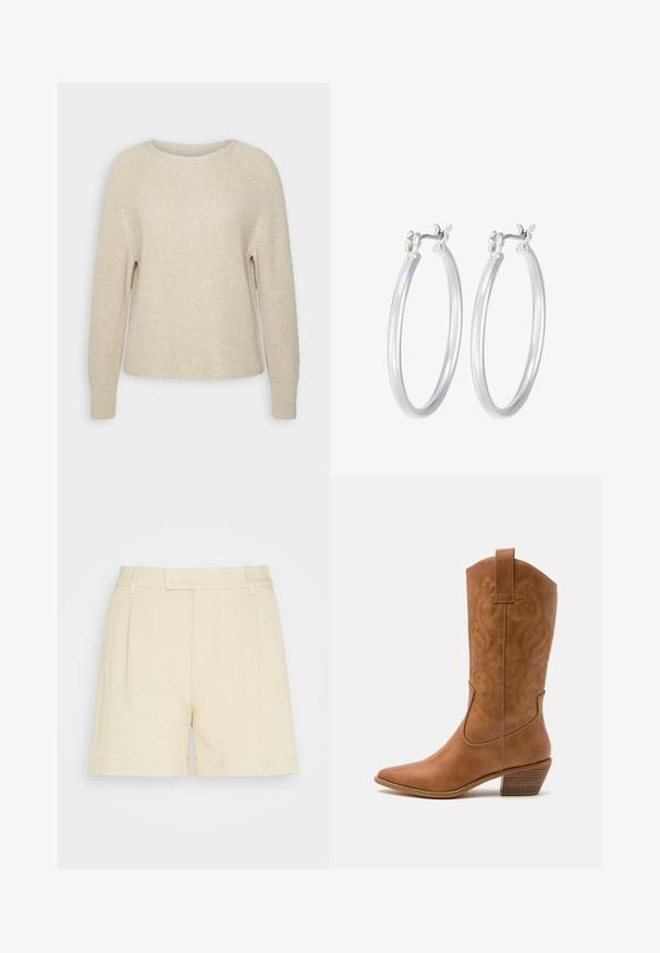 Pull en tricot rose clair avec un col rond, des manches raglan et des poignets côtelés. La texture est douce, avec une coupe décontractée et des détails minimaux.; Lindex MARIA - Short - beige; Bottes de cow-boy en cuir tan avec un bout pointu, des motifs en spirale brodés sur la tige, et un talon bloc empilé. Équipées d'une languette pour un enfilage facile.; Boucles d'oreilles en argent avec une finition lisse et polie. Forme ronde et fermeture à clip sécurisée. Design léger adapté pour un port quotidien.