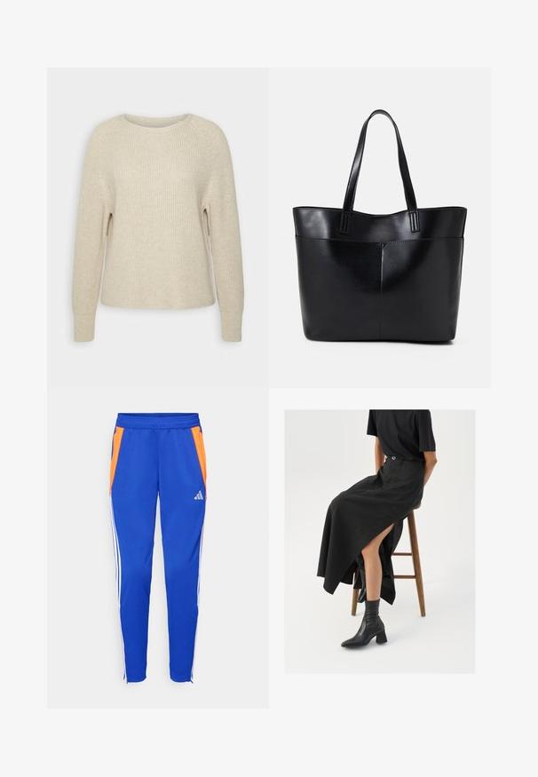 Hellrosa Strickpullover mit rundem Ausschnitt, Raglanärmeln und gerippten Bündchen. Die Textur ist weich, der Schnitt locker und die Details sind minimal.; Blaue Sporthosen mit orangefarbenen Seiteneinsätzen, weißen Streifen an den Seiten, elastischem Bund und Reißverschlüssen an den Säumen. Adidas-Logo vorhanden.; Schwarzer Leinen-Maxi-Rock mit hohem Schlitz, getragen mit einem schwarzen T-Shirt und schwarzen Knöchelstiefeln. Minimalistisches Design mit lockerer Passform.; Schwarze Leder-Shopper-Tasche mit zwei langen Griffen, einer glatten Textur und einer strukturierten Form. Verfügt über eine Vordertasche für zusätzlichen Stauraum.
