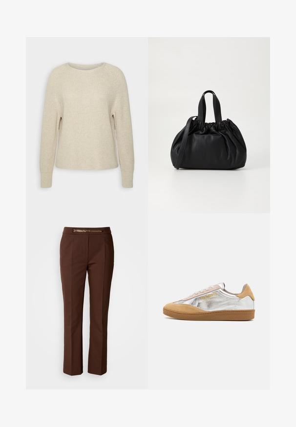 Svetlorožový pletený sveter s okrúhlym výstrihom, raglánovými rukávmi a rebrovanými manžetami. Textúra je mäkká s uvoľneným strihom a minimálnym zdobením.; Hnedé nohavice s presným strihom a hladkým povrchom, so zlatým reťazovým akcentom na páse a rovnými nohavicami.; Strieborné a béžové semišové tenisky s textúrovanou gumovou podrážkou, béžovými šnúrkami a logom potlačeným v žltej farbe na boku.; Čierna kožená kabelka so zberaným vrchom, s dvoma krátkymi držadlami a dlhým nastaviteľným popruhom. Hladká textura, zaoblený tvar.