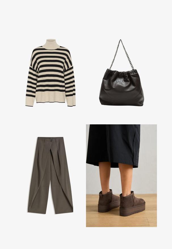 Cremfarbener Rollkragenpullover mit schwarzen Streifen, gerippter Textur, lässiger Passform, weiten Ärmeln und geradem Saum. Keine sichtbaren Beschläge oder Akzente.; Weite Hosen aus einem strukturierten, dunkelgrauen Stoff. Mit einer vorderen Faltenlegung, Knopfverschluss und praktischen Seitentaschen ausgestattet.; UGG CLASSIC ULTRA MINI PLATFORM - Ankle Boot - burnt cedar; Braune Lederhandtasche mit gerafftem Oberteil und Kettenriemen. Glatte Textur mit glänzendem Finish und subtilen Nahtdetails an den Seiten.
