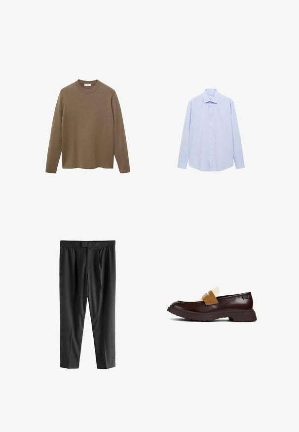 Hnědý svetr s dlouhým rukávem a kulatým výstřihem, vyrobený z hladkého, jemného materiálu; má volný střih a rovný lem.; Světle modrá košile s dlouhým rukávem z tkané látky, s klasickým límcem a plnou přední částí na knoflíky, s rovný řezem a bez vzorů.; Next REGULAR FIT -CHECK SMART - Chino kalhoty - black; Hnědé kožené mokasíny s krémovým akcentem a světlým páskem, s texturovanou podrážkou a kontrastním prošíváním na svršku.