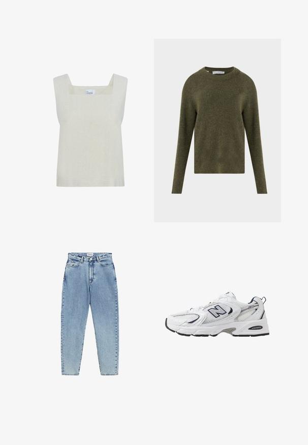 Olijfgroene wollen trui met een ronde hals, lange mouwen en geribbelde manchetten, gecombineerd met donker denim en een zwarte riem. Zachte textuur.; Lichtbeige mouwloze top met een vierkante halslijn, gemaakt van textuurstof, met een eenvoudig ontwerp en een rechte zoom.; Witte T-shirt met korte mouwen, ronde hals, gemaakt van zacht, glad katoen, met een rechte zoom en minimale details. Eenvoudig en veelzijdig ontwerp.; Lichtblauwe denim jeans met een hoge taille, een rechte pijpdesign en contrasterende stiksels. Bevat voor- en achterzakken en een knoopsluiting.; Witte sport schoen met mesh bovenkant, marineblauwe accenten en een gehoorzaamde zool. Bevat het "N" logo, veters en een gestructureerde detail aan de zijkant.