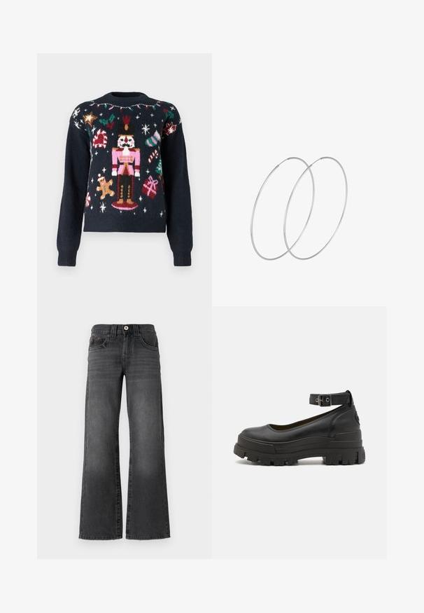 Navy blue sweater featuring festive knit designs, including a nutcracker, gingerbread man, candy canes, and gifts with multicolored accents.; Wide-leg jeans in dark gray denim. Features five pockets, a button closure, and subtle fading on the fabric. Classic stitching accents.; Buffalo ASPHA - Platform heels - black; Silver hoop earrings with a minimalist design. Circular shape, smooth texture, and thin profile. Lightweight with a polished finish.