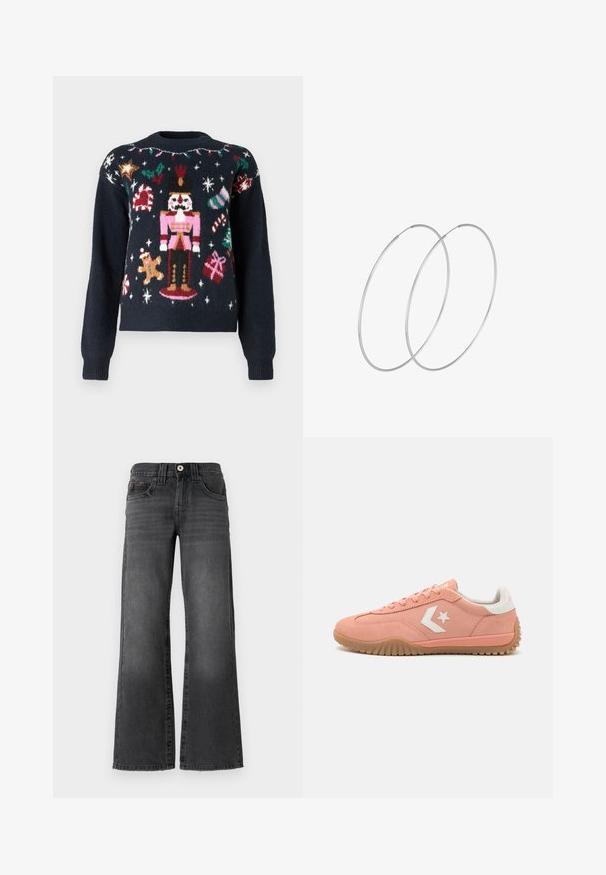 Tumši zila džemperis ar svinīgiem adījumiem, tostarp koka leļļu, piparkūku cilvēku, konfekšu nūjiņām un dāvanām ar daudzkrāsainiem akcentiem.; Platas kājas džinsi tumši pelēkā denima. Iekļauj piecas kabatas, pogu aizdari un vieglu izbalējumu uz auduma. Klasiska šuvuma akcenti.; Rozā zamša kedas ar baltajiem akcentiem, ar auklām, ar teksturētu gumijas zoli un zvaigznes logo sānos. Zemas profila un vieglas.; Sudraba gredzenveida auskari ar minimālistisku dizainu. Cirkulāra forma, gluda tekstūra un plāns profils. Vieglu svaru ar spīdīgu apdari.