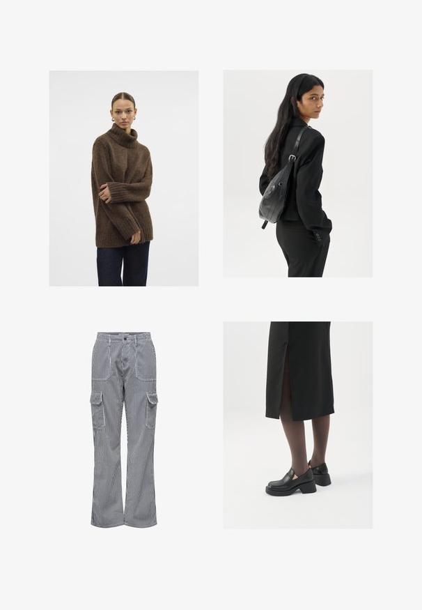 Hnedý pletený sveter s rolákom a rebrovanými manžetami a spodným okrajom; jemná textúra; voľný strih; mierne voľná silueta. Model nosí tmavé džínsy.; Kárované nohavice z bavlnenej zmesi s vertikálnymi modro-bielymi pruhmi. Majú dve predné vrecká a dve bočné cargo vrecká. Voľný strih.; Čierne kožené topánky s okrúhlou špičkou, silným blokovým opätkom a elastickými bočnými akcentmi, skombinované s tmavými pančuchami a čiernou sukňou so štiepením.; Žena s dlhými tmavými vlasmi, oblečená v čiernom obleku, nesúca čiernu koženú kabelku na ramene, pozerajúca cez rameno na bielom pozadí.; Strieborné kruhové náušnice s minimalistickým dizajnom. Cirkulárny tvar, hladký povrch a tenký profil. Ľahké s lesklým povrchom.