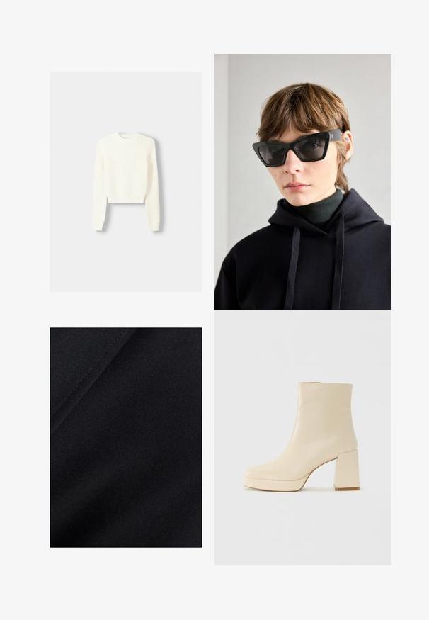 Bershka ROUND NECK - Neule - beige; Mustat kankaat, joissa on sileä pinta, hienovaraisia kiiltoeroja ja lievää joustavuutta, ihanteellisia vaatteille tai verhoilulle.; Beige nahkasaapas nilkkamallia, jossa on lohkarekorko ja alusta, sileä pinta ja hieman neliömäinen kärki, käänteessä vasemmalle valkoista taustaa vasten.; Mustakatsekkiset aurinkolasit tummilla linsseillä, joissa on rohkea kulmikas muotoilu. Valmistettu sileästä muovista, kiiltävällä pinnalla ja logon yksityiskohdilla.; Oliivinvihreä nahkalaukku, jossa on rento muotoilu, ja jossa on erilaisia kokoisia pyöreitä läpivientejä sekä tummempia ja vaaleampia yksityiskohtia.