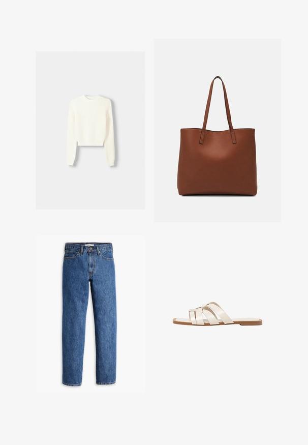 Bershka ROUND NECK - Vesta - beige; Plave traperice s ravnim krojem, pet džepova i kontrastnim šavovima. Struk uključuje klasično dugme i patentni zatvarač.; Ravne sandale s smeškom od gume, dizajnirane s tri preklapajuće bele kožne trake i malim detaljem mašne u sredini.; Smeđa kožna torba preko ramena s glatkom teksturom, otvorenim vrhom i dvjema naramenicama. Ima minimalne šavove i nema vidljivog hardvera.