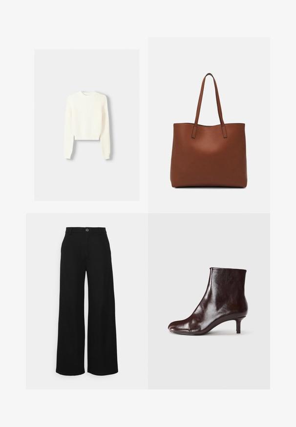 Bershka ROUND NECK - Svetr - beige; Even&Odd Petite Kalhoty - black; Hnědá kožená kotníková bota s elegantním designem, špičatou špičkou a tenkým, krátkým podpatkem. Hladký povrch s minimálními detaily.; Hnědá kožená taška přes rameno s hladkou texturou, otevřeným designem a dvěma ramenními popruhy. Obsahuje minimální švy a žádné viditelné kovové prvky.