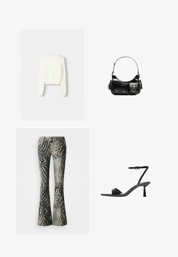 Bershka ROUND NECK  - Maglione - beige; Jeans a zampa d'elefante in un motivo zebra nero e beige, con materiale in denim, design a cinque tasche e dettagli di cucitura visibili.; Bershka Sandali con tacco - black; Borsa a spalla in vernice nera con forma curvata, una tracolla, tasche frontali e dettagli in metallo argentato.