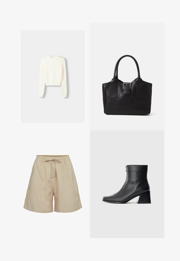 Bershka ROUND NECK  - Pullover - beige; Shorts en tissu léger beige avec une taille élastique et un cordon de serrage. Présentent une coupe décontractée et des poches latérales. Texture lisse.; Bottine en cuir noir avec un bout carré, fermeture éclair sur le côté et talon bloc sur fond clair uni.; Sac fourre-tout en cuir noir avec une texture lisse, une forme structurée, deux poignées et un détail en boucle argentée proéminent à l'avant.