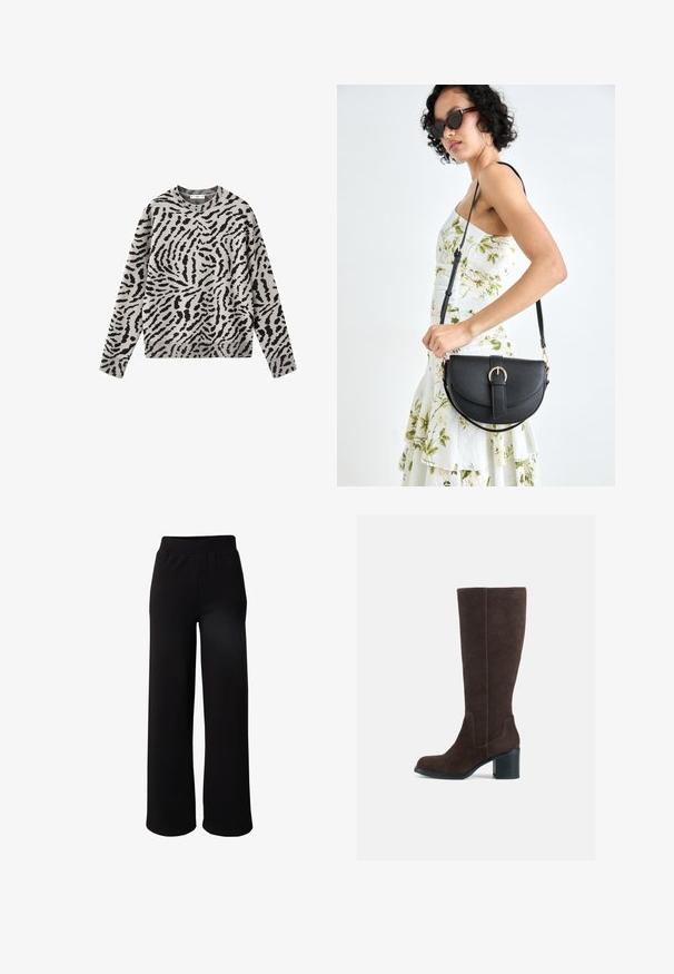 Langärmliger Rundhalspullover mit schwarz-grauem Tiermuster, aus gestricktem Stoff.; Schwarze weite Hosen aus weichem Stoff. Sie verfügen über einen elastischen Bund und eine glatte Textur, die eine entspannte Passform bietet.; Braune Wildlederstiefel bis zum Knie mit Blockabsatz und glatter Oberfläche. Abgerundete Zehen und auffällige Nahtdetails am Schaft.; Schwarze Lederhandtasche mit geschwungener Form, abnehmbarem Tragegurt und goldenen Beschlägen. Die Tasche verfügt über einen Deckel mit einer Schnallen-Details.