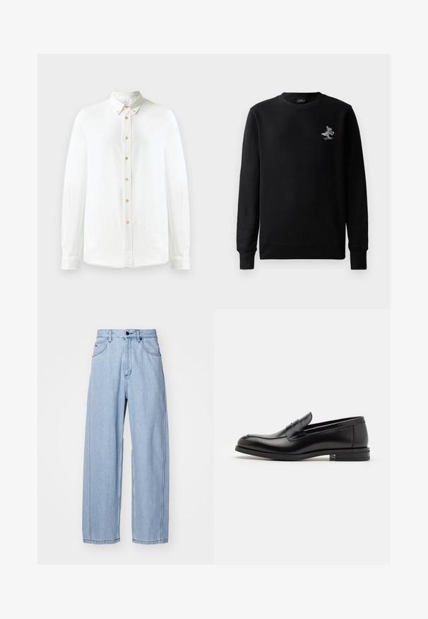 Fekete pulóver kerek nyakkal, hosszú ujjakkal, és egy kis, színes hímzett grafikával, amelyen egy nyúl gördeszkázik. Puha anyagú textúra.; Fehér, hosszú ujjú, gombos ing, puha anyagból készült, klasszikus gallérral, egy sor barna, kerek gombbal és gombos mandzsetta részletekkel.; Világoskék farmernadrág széles lábakkal, elülső zsebekkel, gombos záródással és részletes varrással az illesztéseknél.; Fekete bőr loaferek sima textúrával, kerek orral és dekoratív pánttal a vampnál. Alacsony, rétegelt sarkú, minimalista dizájn.