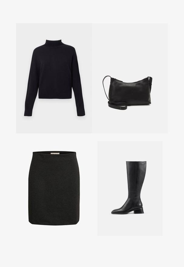 Zwarte coltrui met lange mouwen, gemaakt van een zachte gebreide stof, met een cropped lengte en geribde hals en manchetten.; Zwarte rok met een houndstooth-patroon, heeft een aansluitend ontwerp, rechte silhouet en een zachte textuur. Voorzien van een tailleband voor extra comfort.; Zwarte leren laars tot de knie met een ronde neus en een lage blokhak. Heeft een gladde textuur en minimale stikdetails.; Zwarte leren schoudertas met een gladde textuur, gebogen vorm, verstelbare schouderband en een ritsafsluiting. Minimalistisch ontwerp zonder versieringen.