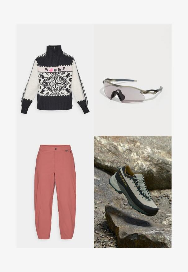 Pullover de malha com gola alta, apresentando um padrão geométrico em preto e branco, motivos animais em rosa e punhos canelados.; Calças soltas de cor rosa-claro, com fecho de botão e bolsos laterais, exibidas sobre um fundo branco simples.; Sapatilha de caminhada cinza claro com detalhes pretos, parte superior em malha, biqueira em borracha e sola texturizada, apresentando atacadores em azul-turquesa e logótipos na lateral.; Óculos de sol com uma armação cinza translúcida, lentes com tonalidade e design angular. Apresenta um suporte nasal distinto e hastes em cinza escuro texturizado.