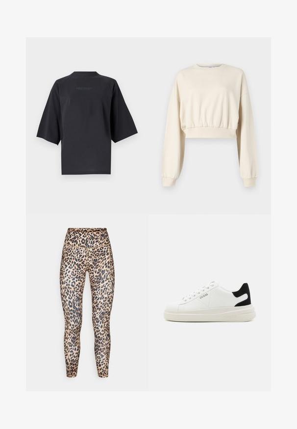 Apgriezts, bēšs svārkstens ar gariem, pūkainiem piedurknēm. Ir elastīga jostasvieta un ribotas apkakles. Diskretā logo izšūta tuvu apkaklei.; Tumši pelēki īsām piedurknēm T-krekls ar brīvu piegriezumu, izgatavots no kokvilnas, ar apaļu kakla izgriezumu un diskrētu logotipa druku aizmugurē.; Leparda raksta leggins ar augstu jostu, gludu tekstūru un pieguļošu dizainu, kas stiepjas līdz potītēm.; Baltas ādas sporta apavi ar biezu balto zoli, melna zamša uzpura un izspiestais logotips sānos. Šņorējuma dizains ar sešiem acu caurumiem.