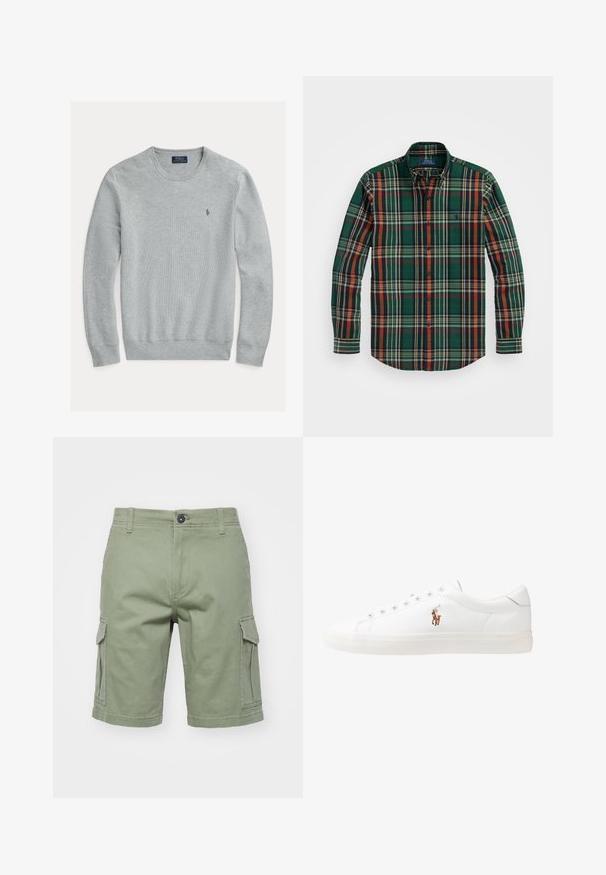Lys grå crewneck genser med ribbede mansjetter og kant, teksturert stoff, med en liten brodert logo på venstre bryst.; Grønn rutete skjorte med oransje, marineblå og hvite striper. Har klassisk krage og lange ermer, laget av myk bomull.; Grønne cargo shorts laget av bomull, med sidelommer, knappelukking og stikt sømmer. Designet er rettkappet med en hemfeste.; Hvite lærsko, lavt design, med en glatt tekstur, rund tå, snøring foran, og en liten brodert logo på siden.