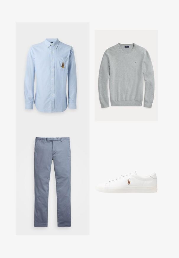 Ljusgrå crewneck-tröja med ribbade muddar och nederkant, texturerad tyg, med en liten broderad logotyp på vänster bröst.; Ljusblå skjorta med knappar och långa ärmar, bröstficka med en brun broderad djurdesign, gjord av mjukt tyg.; Ljusblå bomullschinos med slim fit, raka ben, bältesöljer och dragkedja. Har subtil sömnad och inga synliga mönster.; Vita lädersneakers, låg design, med en slät yta, rund tå, snörning fram och en liten broderad logotyp på sidan.