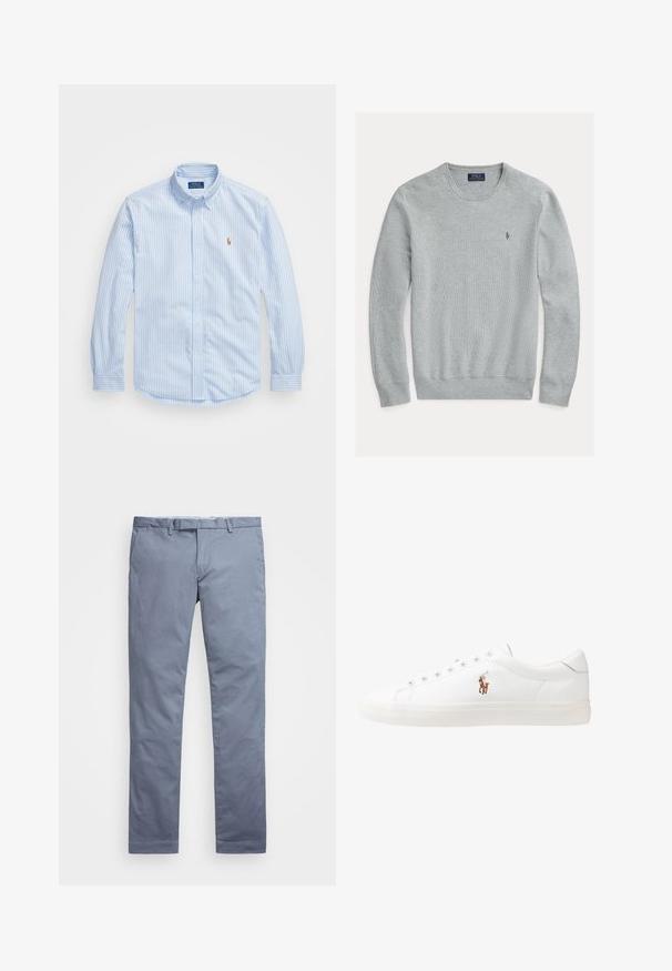 Sweater de gola redonda cinza claro com punhos e bainha canelados, tecido texturizado, apresentando um pequeno logótipo bordado no lado esquerdo do peito.; Camisa azul clara de botões com riscas verticais brancas, mangas longas e bainha arredondada. Apresenta um pequeno logótipo bordado no peito.; Chinos de algodão azul claro com um corte slim, pernas retas, passantes para cinto e fecho de zip. Apresenta costuras subtis e sem padrões visíveis.; Sapatilhas de couro brancas, design de cano baixo, com textura suave, biqueira redonda, atacadores à frente e um pequeno logótipo bordado na lateral.