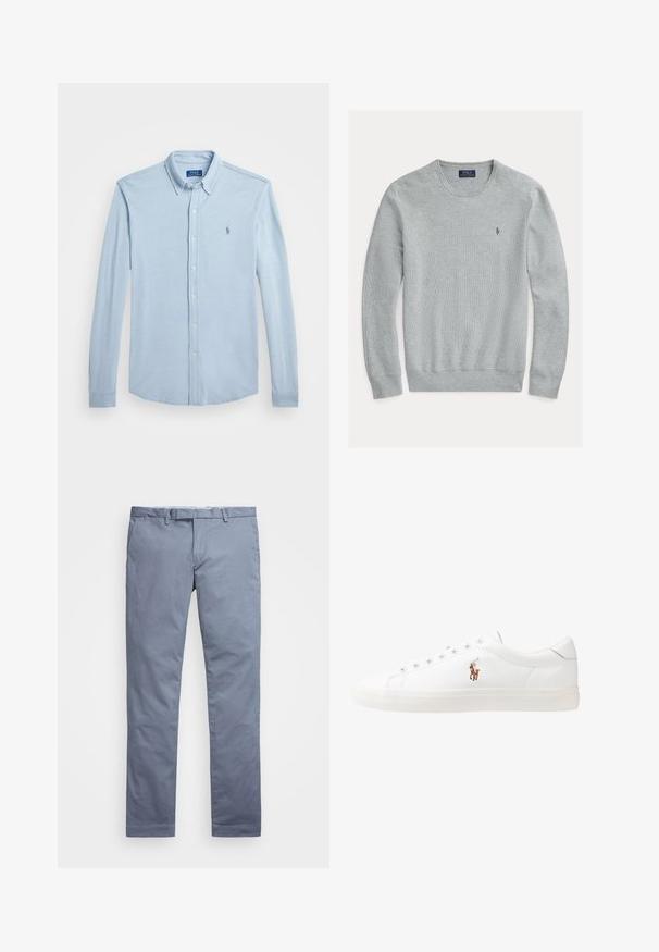 Šviesiai pilkas vyriškas megztinis su apvalia apykakle, ribotais rankogaliais ir apatine dalimi, tekstūruota medžiaga, ant kairiojo krūtinės yra mažas siuvinėjimas.; Šviesiai mėlynas ilgomis rankovėmis mygtukais segamas marškinis pagamintas iš medvilnės. Yra mažas išsiuvinėtas logotipas ir klasikinė apykaklė su užsegamomis rankovėmis.; Šviesiai mėlyni medvilniniai chinosai su siauru profiliu, tiesiomis klešnėmis, diržo kilpos ir užtrauktuku. Yra subtilūs siuvinėjimai ir jokių matomų raštų.; Baltos odinės sportbačiai, žemo profilio, su lygia tekstūra, apvalia nosimi, raištelių sistema priekyje ir mažyte siuvinėta logo šone.
