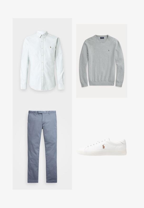 Sweater de gola redonda cinza claro com punhos e bainha canelados, tecido texturizado, apresentando um pequeno logótipo bordado no lado esquerdo do peito.; Camisa de manga longa azul claro e branca com riscas, com colarinho abotoado e placket frontal com botões, apresentando um pequeno logótipo bordado.; Chinos de algodão azul claro com um corte slim, pernas retas, passantes para cinto e fecho de zip. Apresenta costuras subtis e sem padrões visíveis.; Sapatilhas de couro brancas, design de cano baixo, com textura suave, biqueira redonda, atacadores à frente e um pequeno logótipo bordado na lateral.