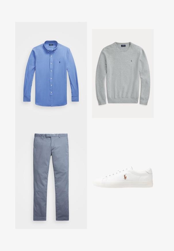 Helehall halliga särk, ribbed varrukad ja ääred, tekstureeritud kangas, millel on vasakul rinnal väike tikitud logo.; Hele sinine pikade varrukatega särk nööpidega kraega, valged nööbid ja väike tikand vasakul rinnal. Sile tekstuur.; Heledad sinine puuvillane chino pükste slim-fit lõikega, sirged sääred, vöödega sangad ja lukuga lend. Omab peent õmblust ning nähtavaid mustreid ei ole.; Valged nahast tossud, madala ülaservaga disain, millel on sile tekstuur, ümar varvas, nööridega esiosa ja väike tikand logoga küljel.