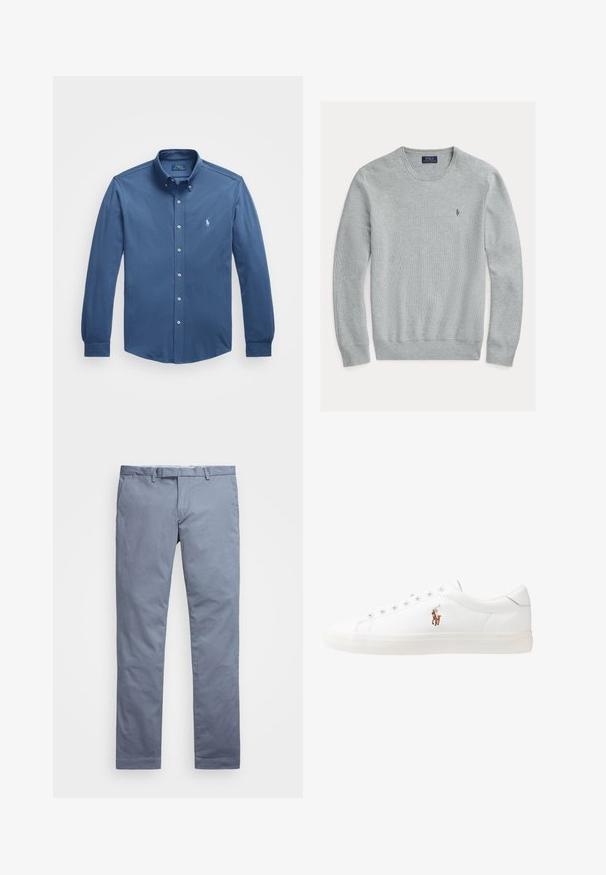 Svetlo sivi pulover s krojenim ovratnikom, z ribastimi manšeti in robom, teksturirana tkanina, s majhnim izvezenim logotipom na levem prsnem delu.; Polo Ralph Lauren FEATHERWEIGHT SHIRT - Srajca - old royal; Svijetloplave pamučne chinos hlače slim kroja, ravne nogavice, petlje za remen i zatvarač s munjom. Sadrže suptilno šivanje i bez vidljivih uzoraka.; Bela usnjena teniski čevlji, nizki model, z gladko teksturo, okrogle konice, vezavi spredaj ter majhnim vezenim logotipom na strani.