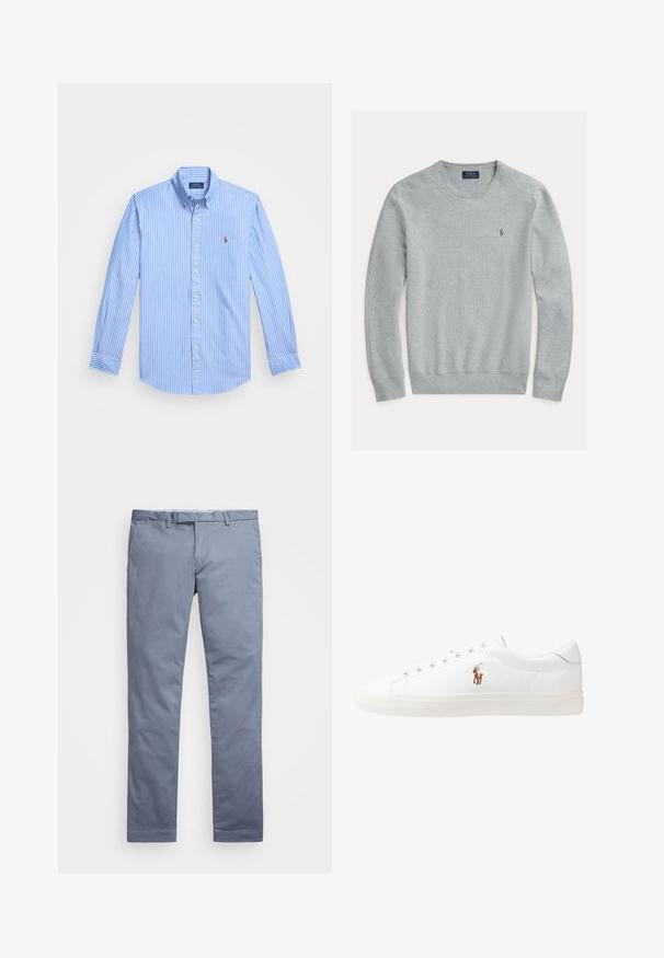 Helehall halliga särk, ribbed varrukad ja ääred, tekstureeritud kangas, millel on vasakul rinnal väike tikitud logo.; Sinine ja valge triibuline pikkade varrukatega nööbiga särk terava krae ja rinnal logo embleemiga. Puuvillane kangas sujuva tekstuuriga.; Heledad sinine puuvillane chino pükste slim-fit lõikega, sirged sääred, vöödega sangad ja lukuga lend. Omab peent õmblust ning nähtavaid mustreid ei ole.; Valged nahast tossud, madala ülaservaga disain, millel on sile tekstuur, ümar varvas, nööridega esiosa ja väike tikand logoga küljel.