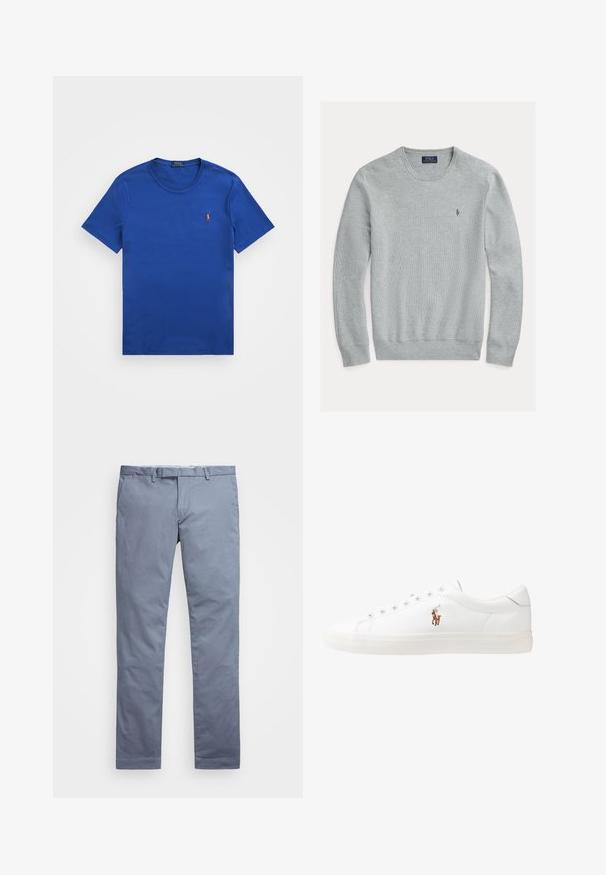 Suéter de cuello redondo gris claro con puños y dobladillo acanalados, tejido texturizado, que presenta un pequeño logo bordado en el lado izquierdo del pecho.; Polo Ralph Lauren CUSTOM SLIM FIT SOFT COTTON T-SHIRT - Camiseta básica - beach royal; Chinos de algodón azul claro con un corte ajustado, piernas rectas, trabillas para cinturón y cierre de cremallera. Presenta costuras sutiles y ningún patrón visible.; Zapatillas de cuero blancas, diseño de corte bajo, con una textura suave, puntera redonda, cordones en la parte delantera y un pequeño logo bordado en el lateral.