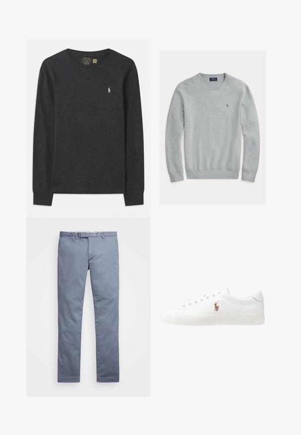 Lys grå crewneck genser med ribbede mansjetter og kant, teksturert stoff, med en liten brodert logo på venstre bryst.; Mørkegrå langermet skjorte laget av bomull. Har rund hals og en liten brodert logo på venstre bryst. Myk tekstur.; Lyseblå bomullschinos med slim fit, rette ben, beltehemper og glidelås. Har subtile sømmer og ingen synlige mønstre.; Hvite lærsko, lavt design, med en glatt tekstur, rund tå, snøring foran, og en liten brodert logo på siden.