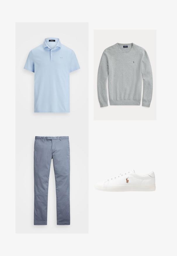 Ανοιχτό γκρι πουλόβερ με ψηλό λαιμό, με χοντρές μανσέτες και στρίφωμα, με υφή υφάσματος, διαθέτει ένα μικρό κεντημένο λογότυπο στο αριστερό στήθος.; Polo Ralph Lauren TAILORED FIT PERFORMANCE POLO SHIRT - Πόλο - office blue; Ανοιχτό μπλέ βαμβακερές chinos με εφαρμογή slim, ίσιες γραμμές, θηλιές για ζώνη και κλείσιμο με φερμουάρ. Διαθέτει διακριτές ραφές και χωρίς ορατά μοτίβα.; Λευκά δερμάτινα sneakers, χαμηλού σχεδιασμού, με απαλή υφή, στρογγυλή μύτη, δέσιμο μπροστά και μικρό κεντημένο λογότυπο στο πλάι.
