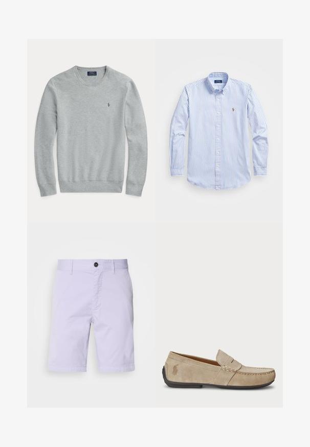 Light gray long-sleeve knit sweater with crew neck, ribbed cuffs and hem, and small embroidered Polo Ralph Lauren logo on chest.; Light blue and white striped button-up shirt with a classic collar, long sleeves, and a small embroidered logo on the chest.; Light lavender shorts in cotton blend, featuring a flat front, button closure, two side pockets, and straight hem.; Beige suede loafers with a stitched detail, flat rubber sole, and a small logo on the side. Classic slip-on design, soft texture.