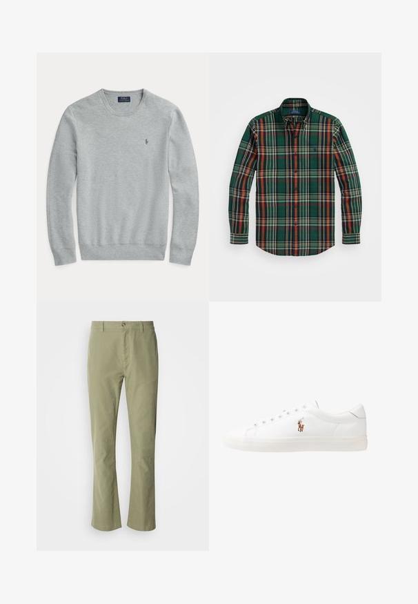 Svijetlosivi dugi pulover od pletenine s okruglim izrezom, rebrastim manžetama i rubom, te malim izvezenim logotipom Polo Ralph Lauren na prsima.; Zelena karirana košulja s narančastim, mornarskoplavim i bijelim prugama. Ima klasični ovratnik i duge rukave, izrađena je od mekanog pamučnog materijala.; Svijetlozelene pamučne hlače ravnog kroja, s prednjim zatvaranjem na gumb i suptilnom teksturom. Nema vidljivih uzoraka ili akcenta.; Bijele kožne tenisice, niskog kroja, s glatkom teksturom, okruglim vrhom, vezanjem sprijeda i malim izvezenim logom sa strane.