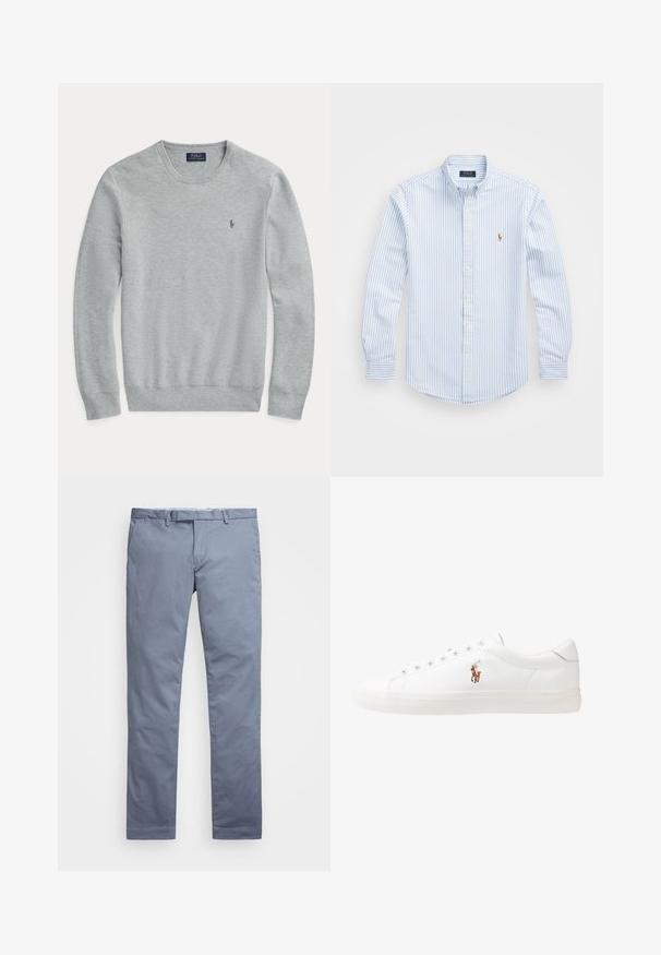 Lys grå langermet strikket genser med rund hals, ribbede mansjetter og hem, samt liten brodert Polo Ralph Lauren-logo på brystet.; Lyseblå og hvit stripete skjorte med knapper, krage, lange ermer og et lite brodert logo på brystet. Laget av bomull.; Lyseblå bomullschinos med slim fit, rette ben, beltehemper og glidelås. Har subtile sømmer og ingen synlige mønstre.; Hvite lærsko, lavt design, med en glatt tekstur, rund tå, snøring foran, og en liten brodert logo på siden.